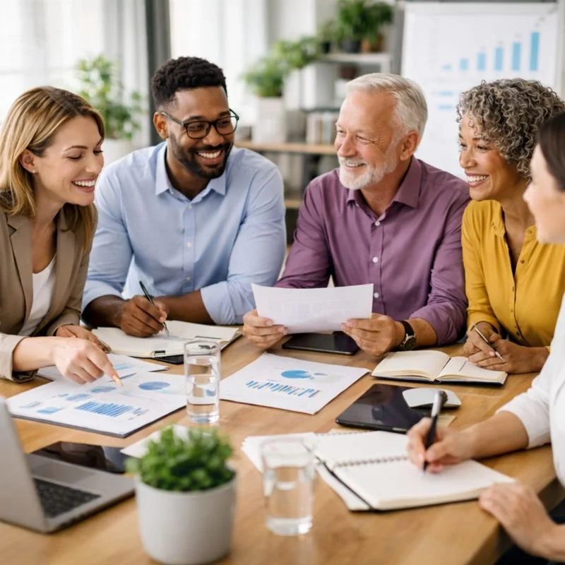 Group of employees working together on a project