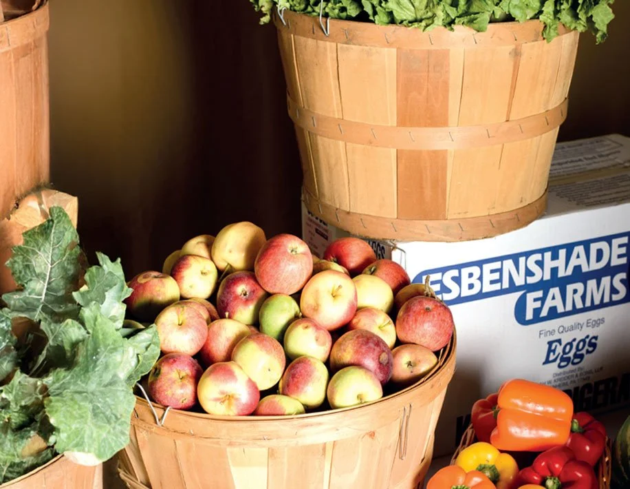 Image of food fresh from a farm in wicker baskets.