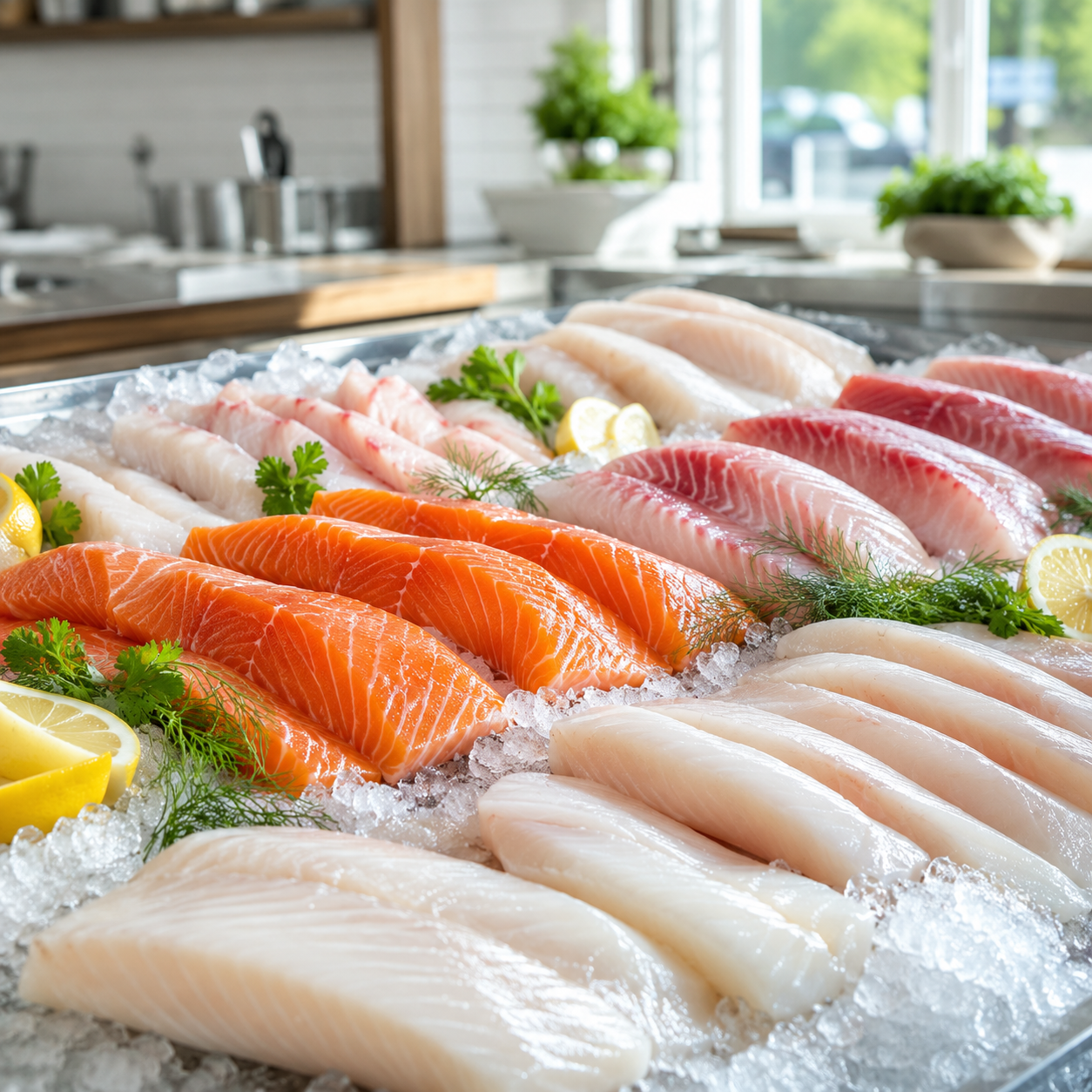 A bright, appealing photo of fresh fish fillets displayed on ice at Mount Kisco Seafood