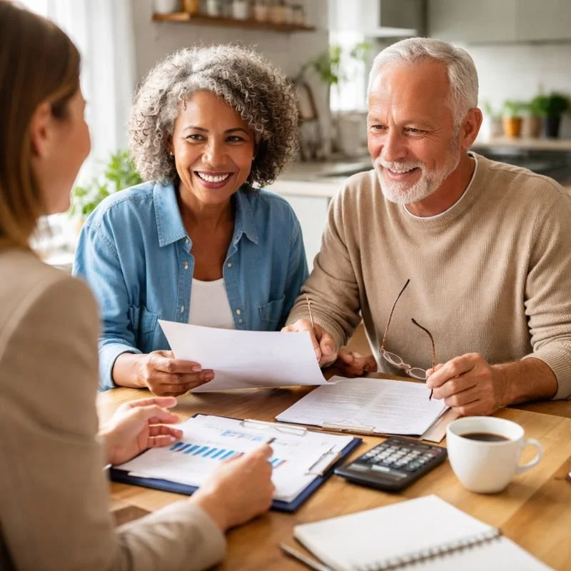 An older couple reviewing paperwork at a kitchen table with a financial advisor