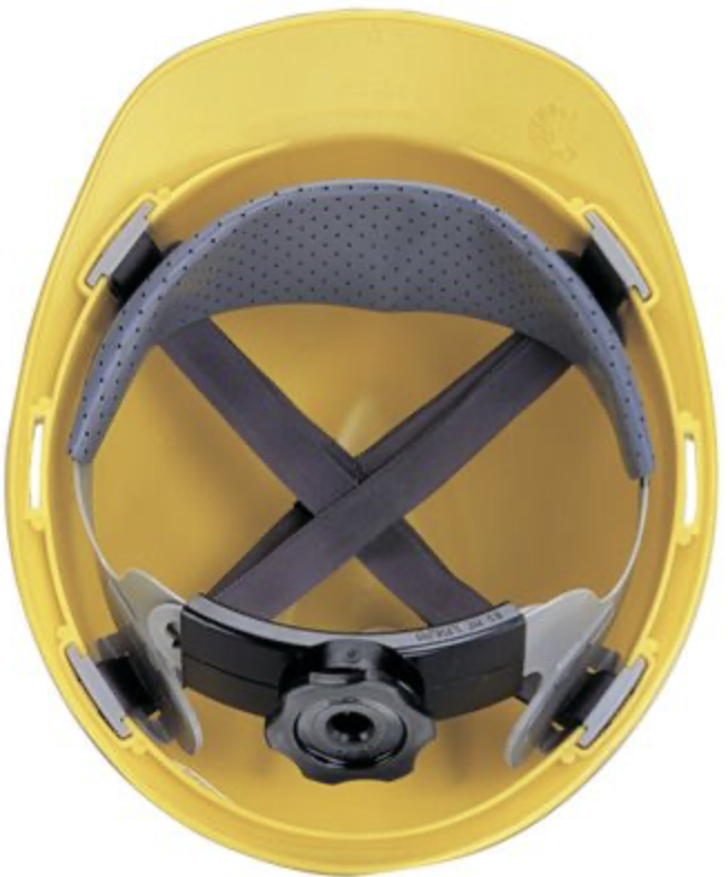 A white construction helmet with black straps and mesh padding inside, viewed from above.