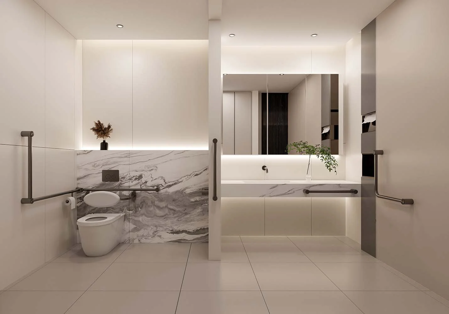 Modern, minimalist bathroom with white walls, large tile flooring, a toilet, and a vanity with a marble countertop. The space features built-in lighting, plants, and accessibility grab bars.