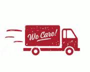 Crveni dostavni kamion s natpisom 'We Care!' sa strane