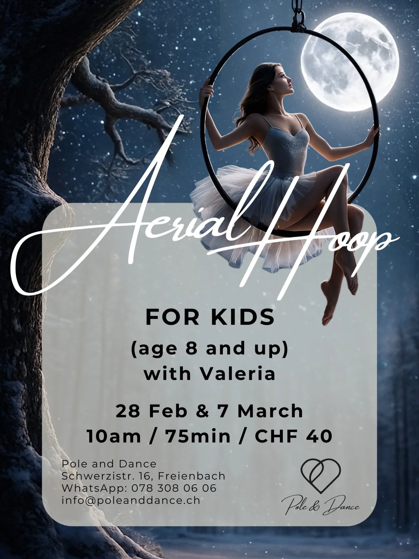 Luftring / Aerial Hoop for Kids✨

Join our Intro to Aerial Hoop workshops in Freienbach!

- First tricks and safe techniques on the aerial hoop
- Stretching and conditioning exercises
- A choreography to celebrate
- Two sessions, 75min, CHF 40 per se