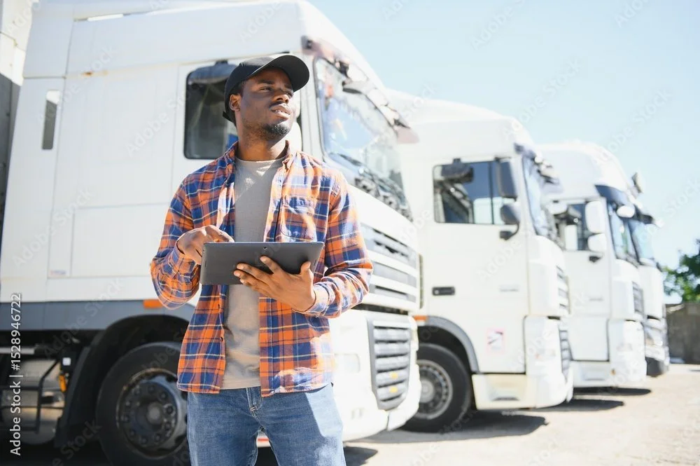 A man holding a tablet stands in front of a row of white semi-trucks on a bright day.