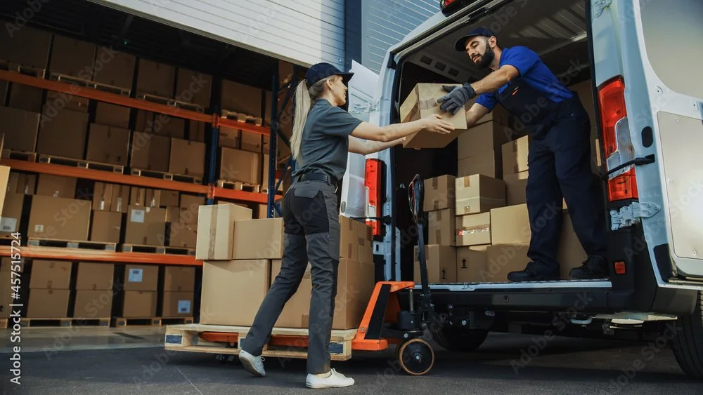 A woman is handing a cardboard box to a man in a blue uniform as they load boxes into a delivery van at a warehouse.
