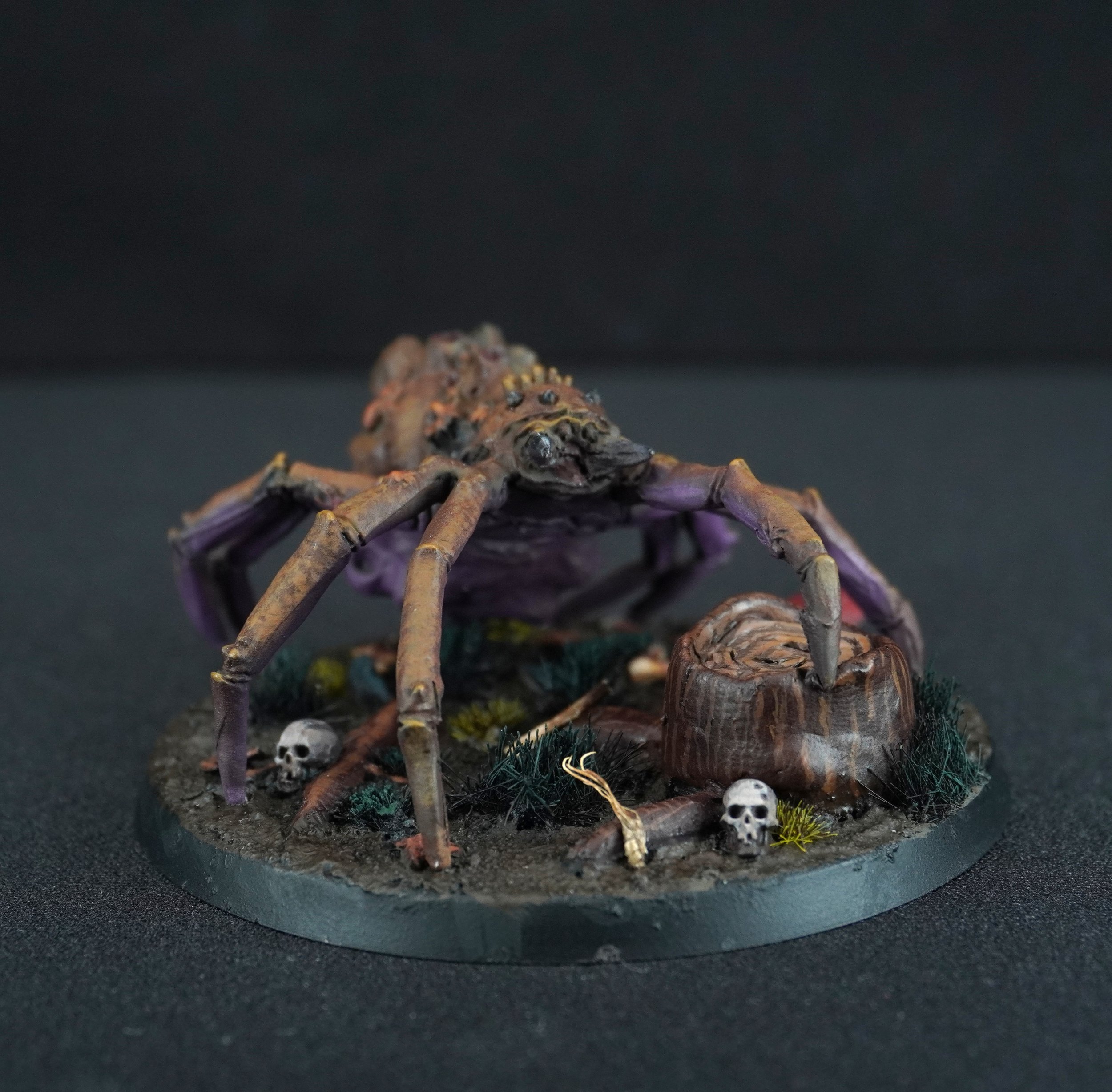 Miniature model of a spider from Lord of the Rings on a textured base with small skulls and plants.