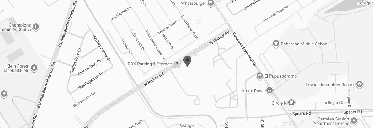 Map showing streets and landmarks including Klein Forest Baseball Field, Champions Community Church, Roberson Middle School, Lewis Elementary School, and various parks, roads, and businesses.