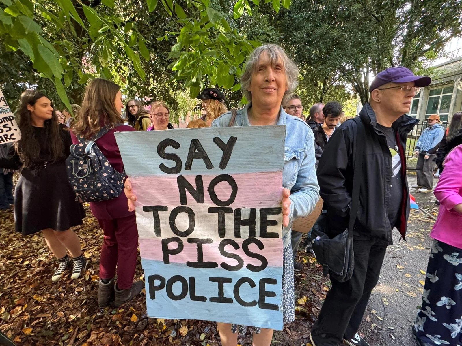 Signs: "Say no to the piss police"