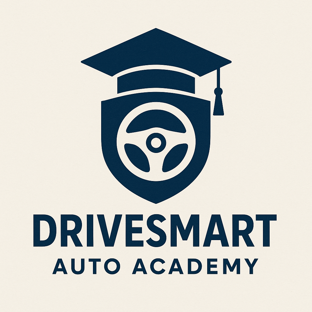 Logo for Drivesmart Auto Academy featuring a shield with a steering wheel and a graduation cap.