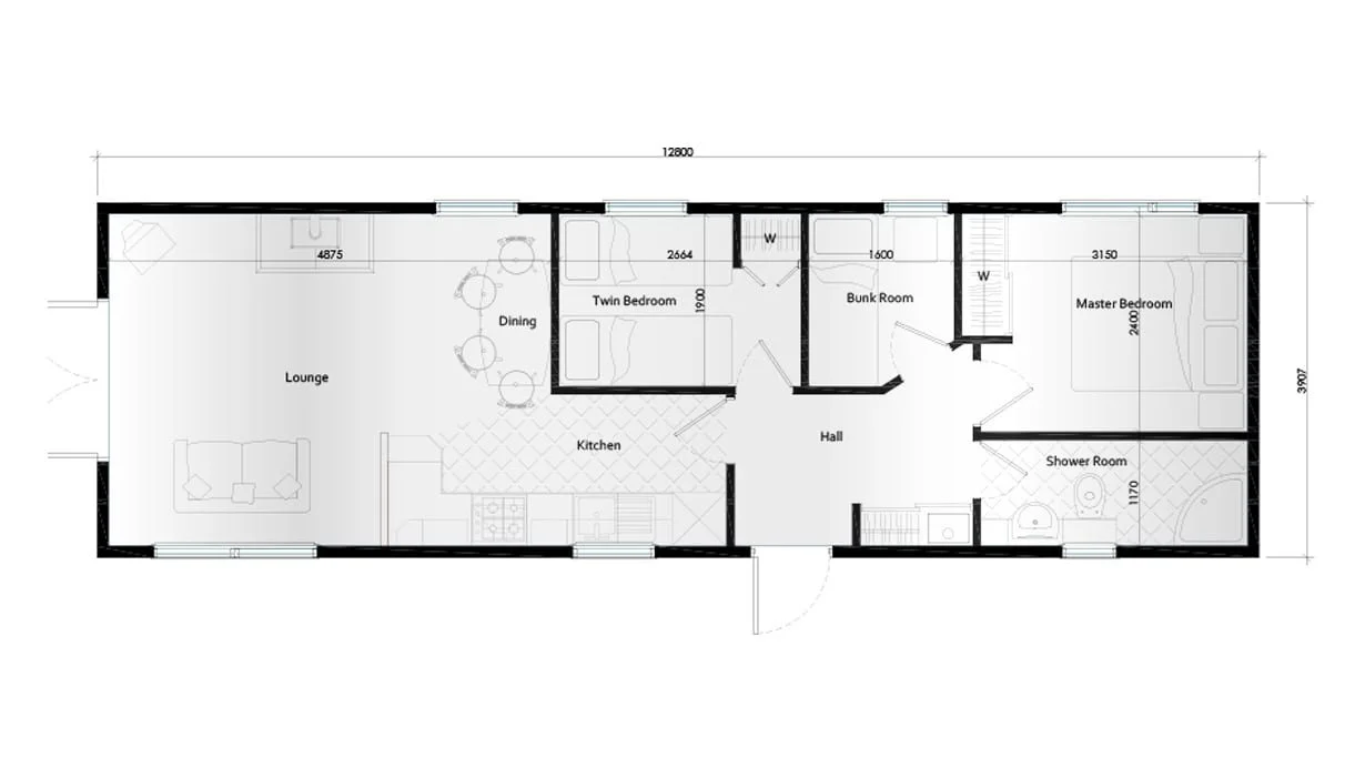 Floor plan of a house with labeled rooms including lounge, dining, kitchen, twin bedroom, bunk room, master bedroom, hall, and shower room.
