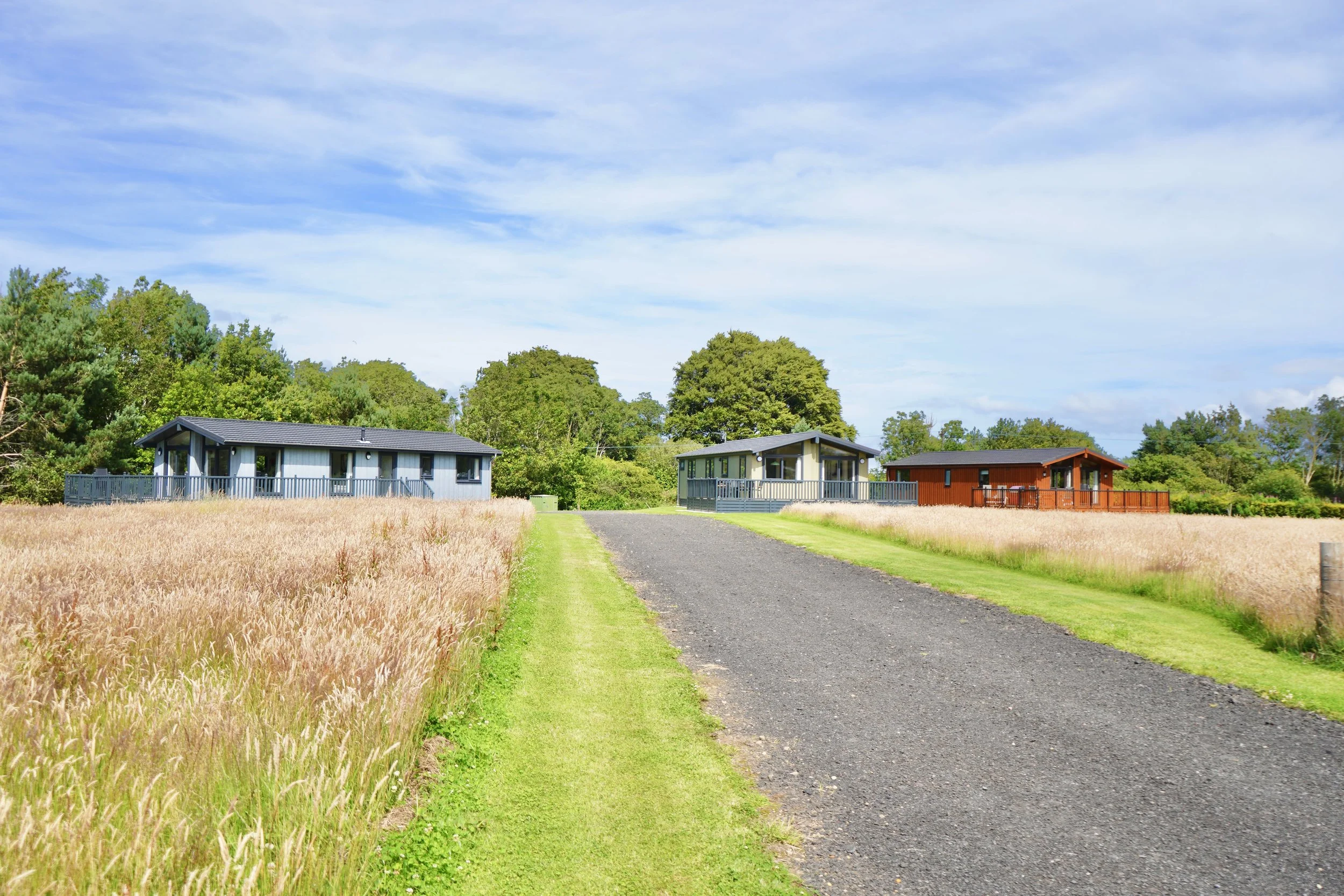 Three modern houses with decks on a gravel driveway, surrounded by tall grass and trees under a partly cloudy sky.
