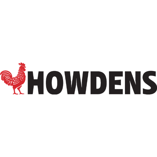 Logo featuring a red rooster on the left and the word "HOWDENS" in bold black letters on the right.