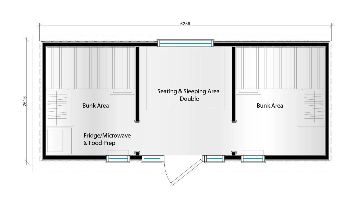 3D floor plan of a small apartment with a bedroom, a bathroom, and a living area.