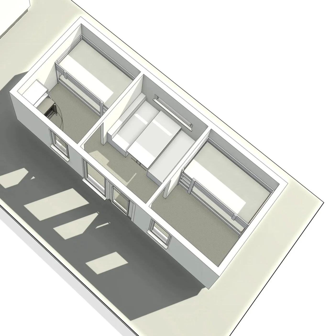 3D rendering of a small apartment with three rooms, including a bedroom with a bed, a room with a desk and work area, and another bedroom with a bed, along with windows and exterior shadows.