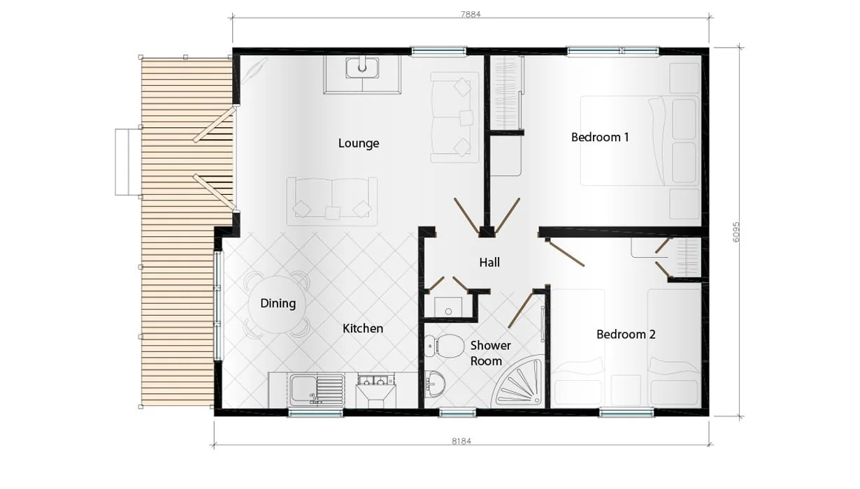 Floor plan of a house with a deck outside, showing a lounge, kitchen and dining area, two bedrooms, a hall, and a shower room.