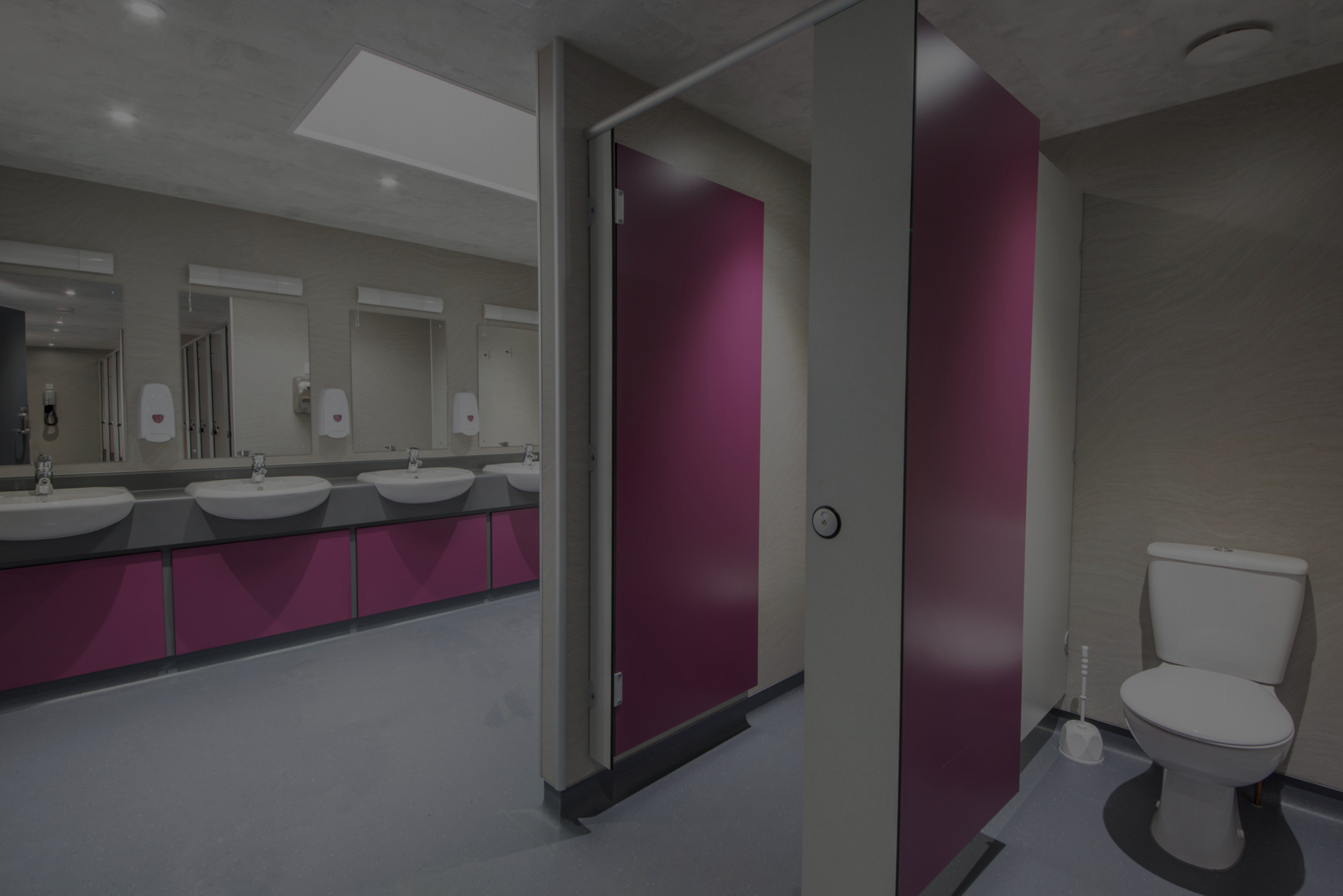 Public restroom with multiple sinks, mirrors, and soap dispensers on the left, and a toilet with a purple privacy partition on the right.