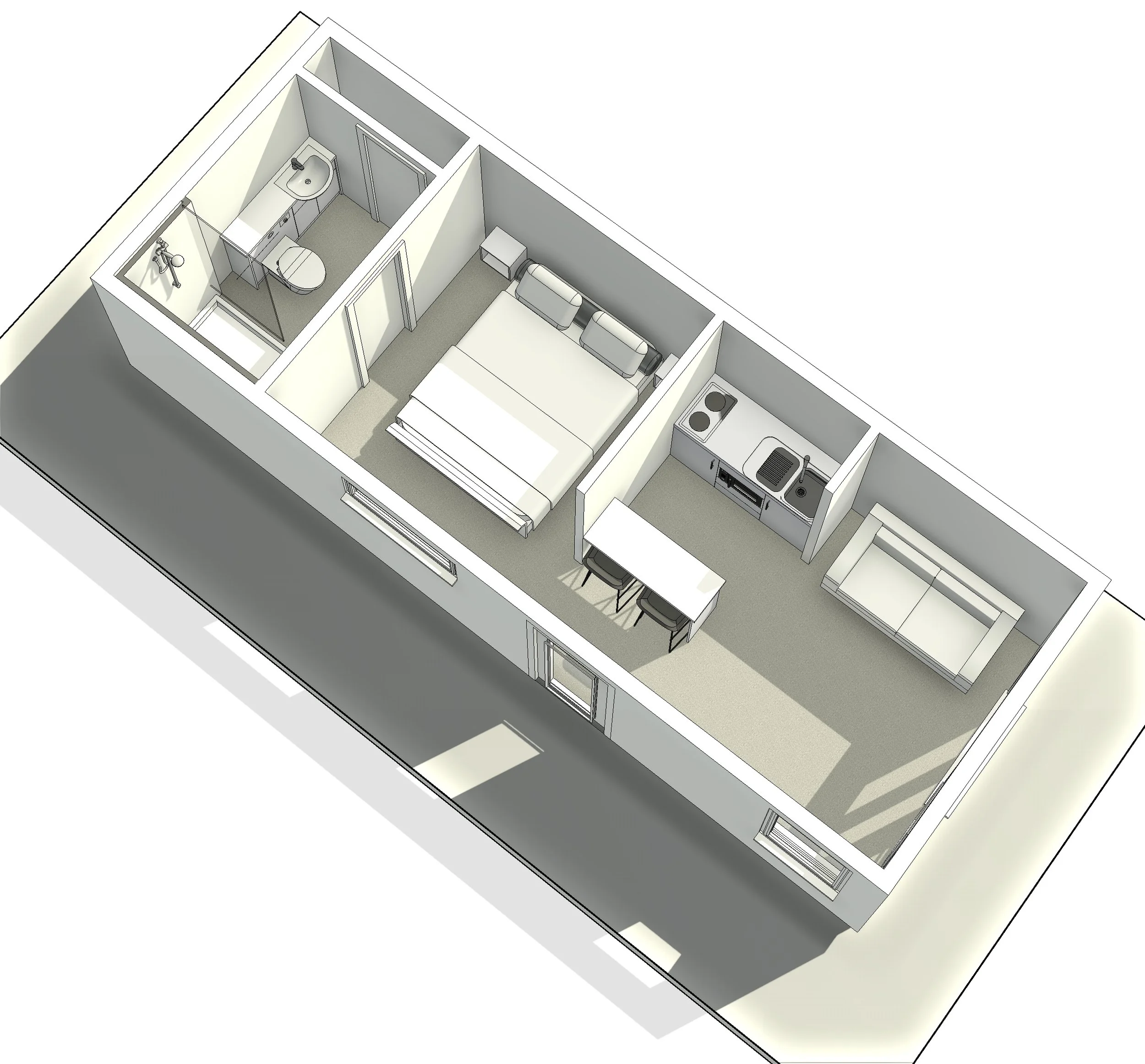 3D model of a small modern studio apartment with a bedroom, kitchen, living area, and bathroom.