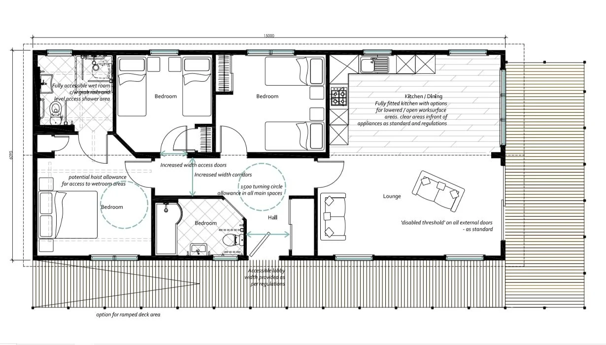 Architectural floor plan of a single-story house with three bedrooms, one bathroom, a kitchen/dining area, a lounge, and entry hall, featuring accessible design elements and options for expanded deck area.