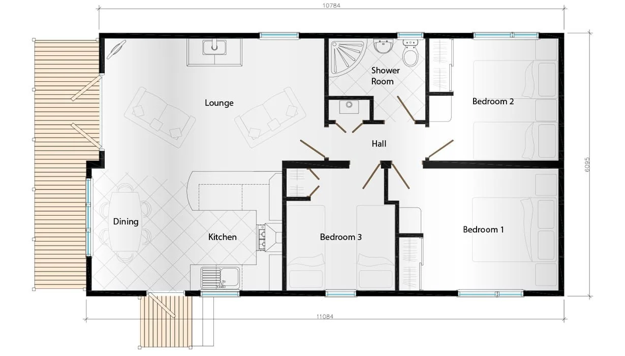 Floor plan of a house with labeled rooms including lounge, kitchen, dining, three bedrooms, a shower room, and a hall. Outdoor decks are also visible.