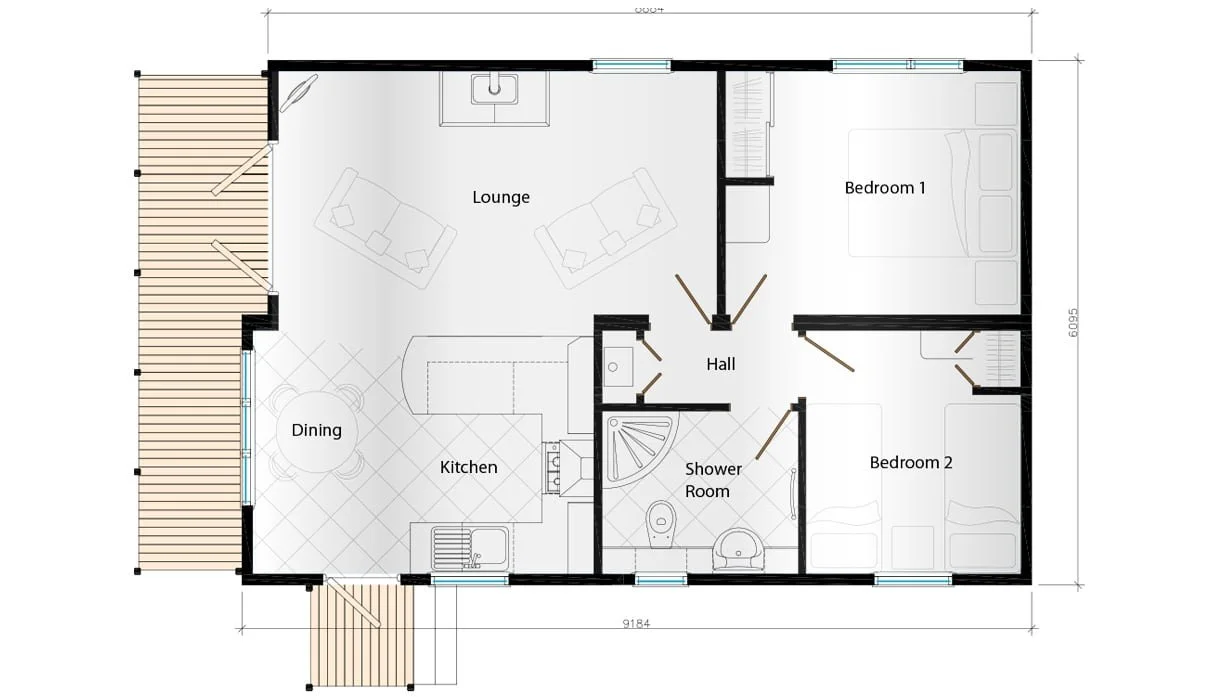 Floor plan of a home showing a lounge, dining area, kitchen, two bedrooms, a hall, and a shower room.