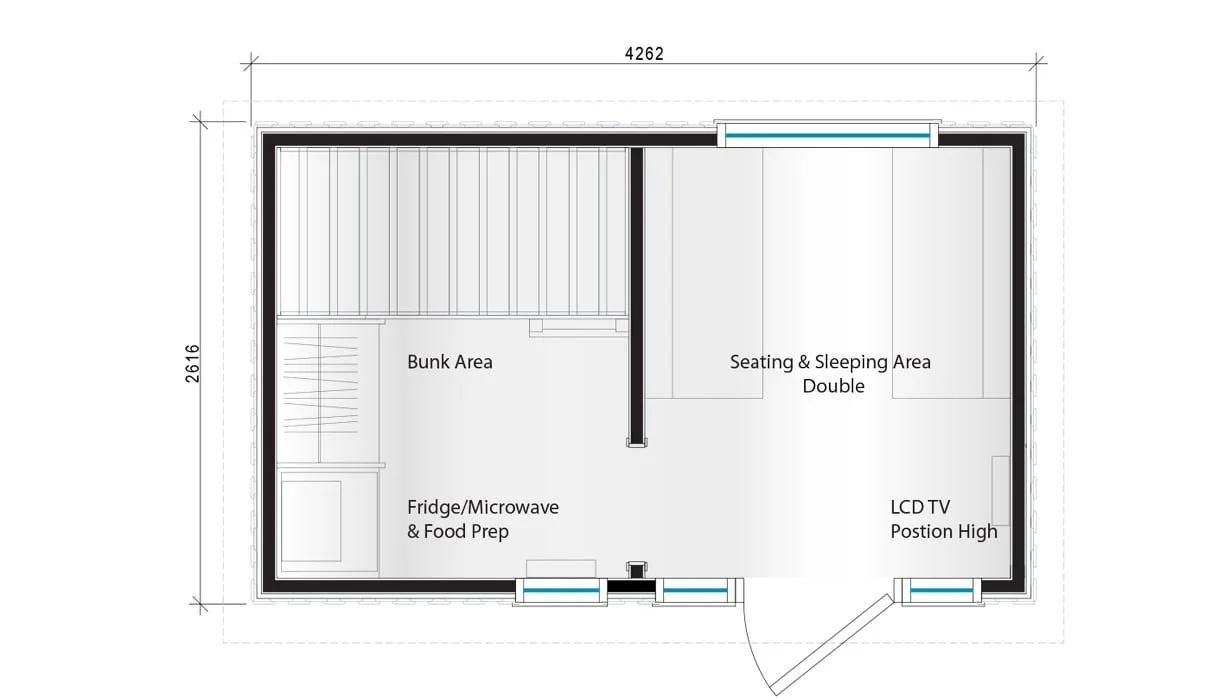 3D floor plan of a small apartment with a living room, bedroom, and kitchen.