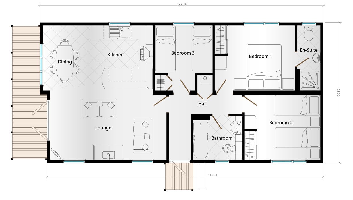 Floor plan of a house with labeled rooms: dining, kitchen, lounge, three bedrooms, hall, bathroom, and ensuite.