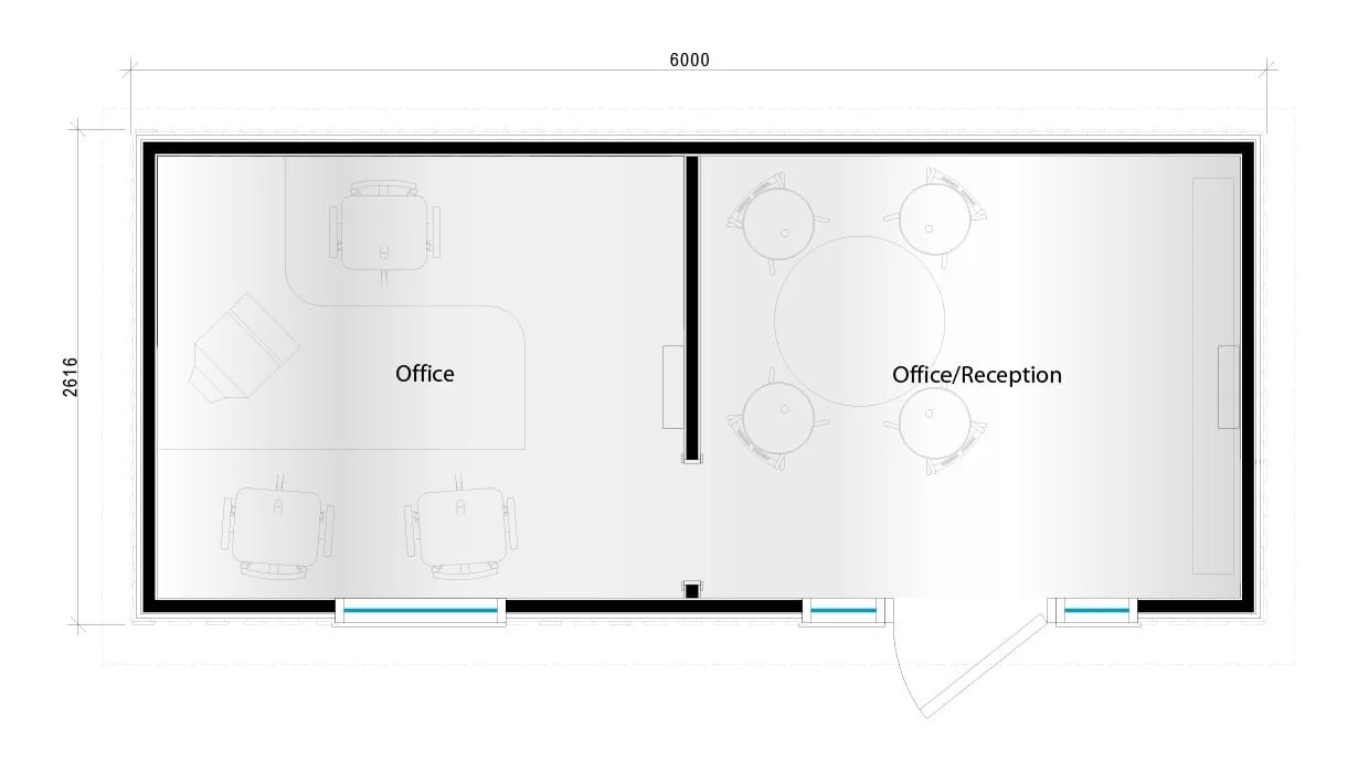 Floor plan of an office with two rooms labeled 'Office' and 'Office/Reception,' featuring desks, chairs, and a round table with four chairs.