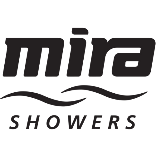 Logo for Mira Showers with stylized text and wave design.