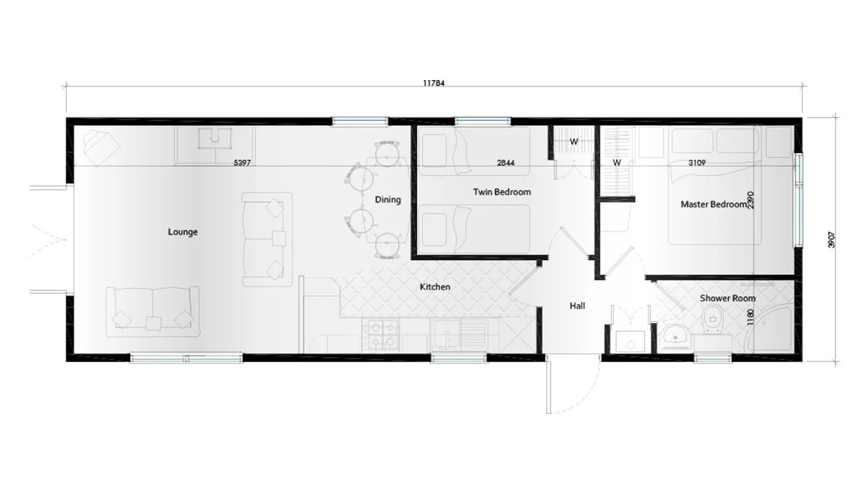 Floor plan of a house showing a lounge, kitchen, dining area, twin bedroom, master bedroom, hall, and shower room with dimensions.