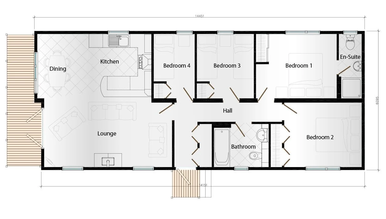 Floor plan of a house with five bedrooms, a bathroom, an en-suite, a kitchen, a dining area, and a lounge.