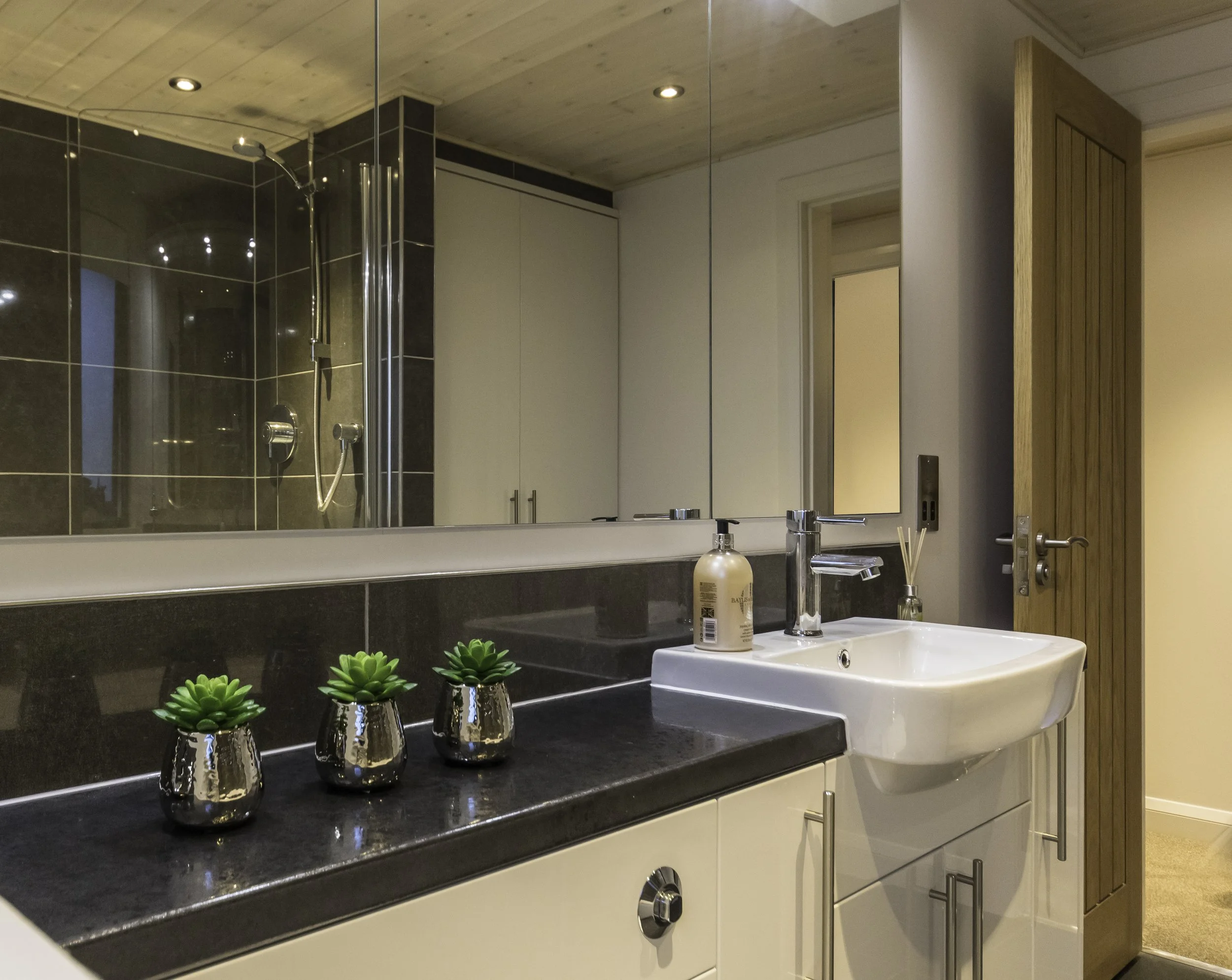 Modern bathroom with black countertop, white cabinet, sink, soap dispenser, reed diffuser, three small potted plants, wooden door, and a mirrored wall reflecting a walk-in shower with dark tiles.
