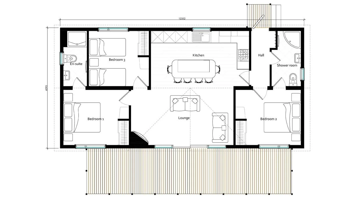 Floor plan of a house showing three bedrooms, a kitchen, a lounge, a hall, a shower room, and two bathrooms, with dimensions and furniture layout.