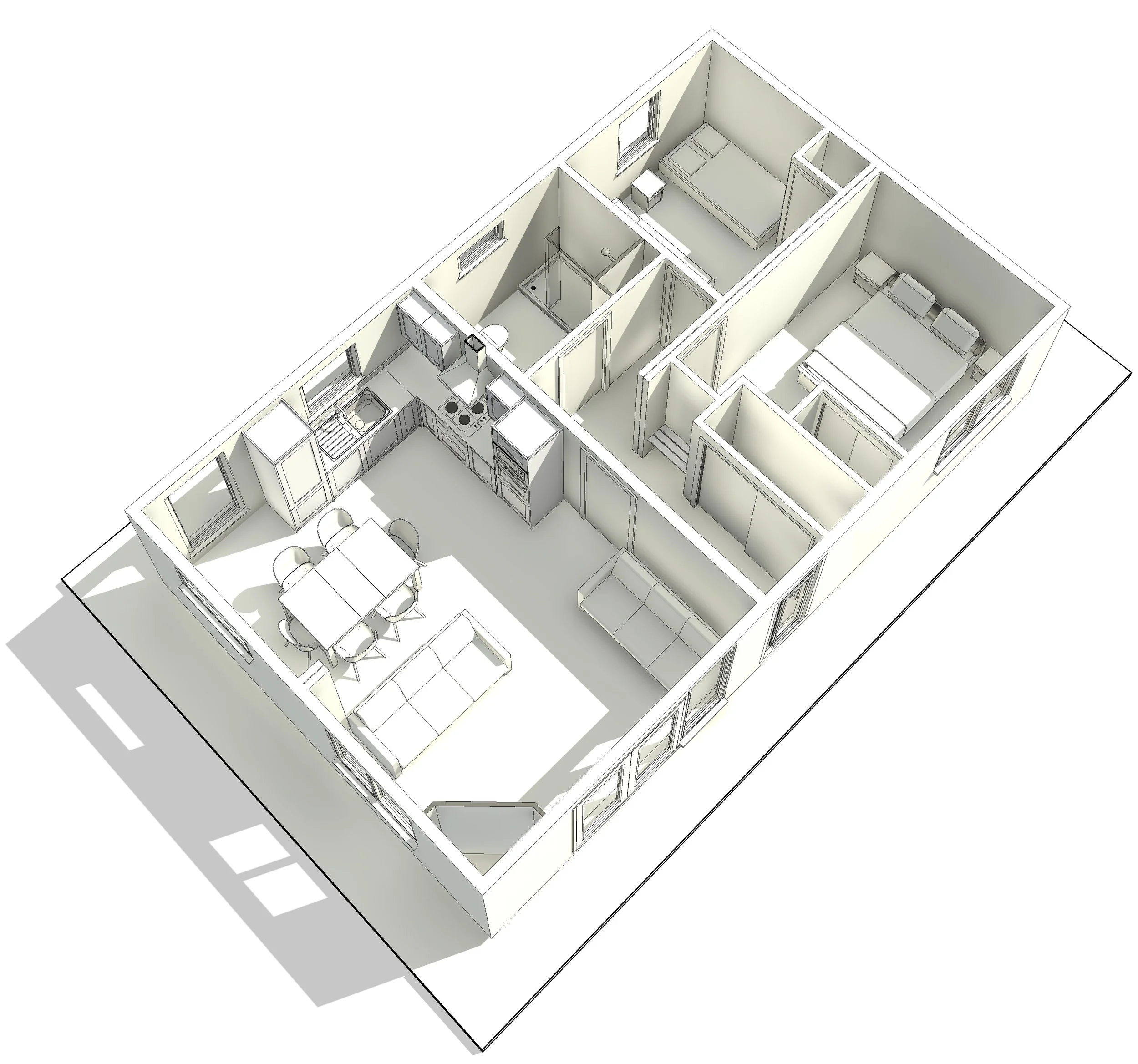 3D floor plan of a house with a living room, dining area, kitchen, two bedrooms, bathroom, and small hallway.