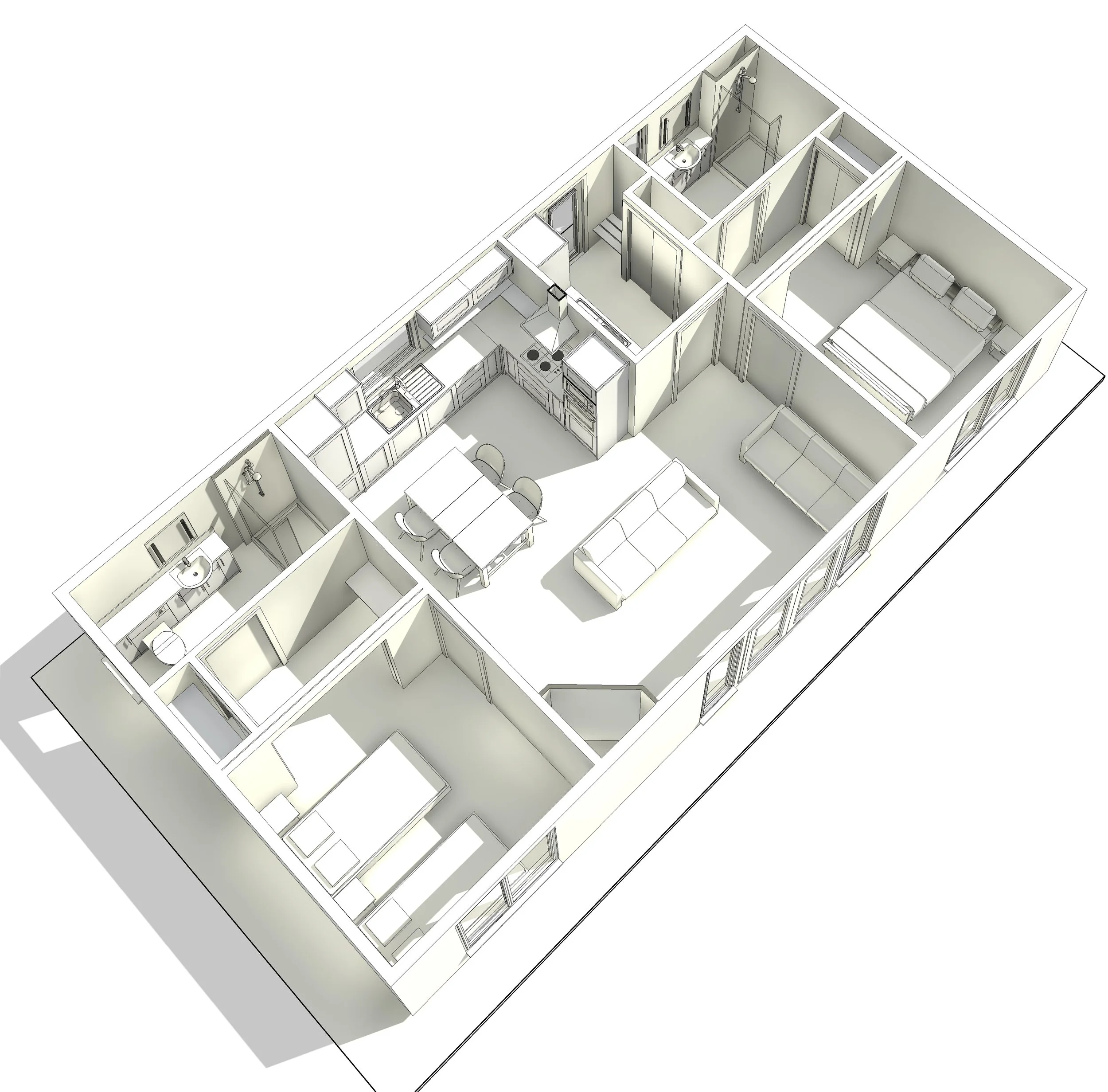 3D floor plan of a modern apartment with living room, dining area, kitchen, two bedrooms, two bathrooms, and multiple windows.