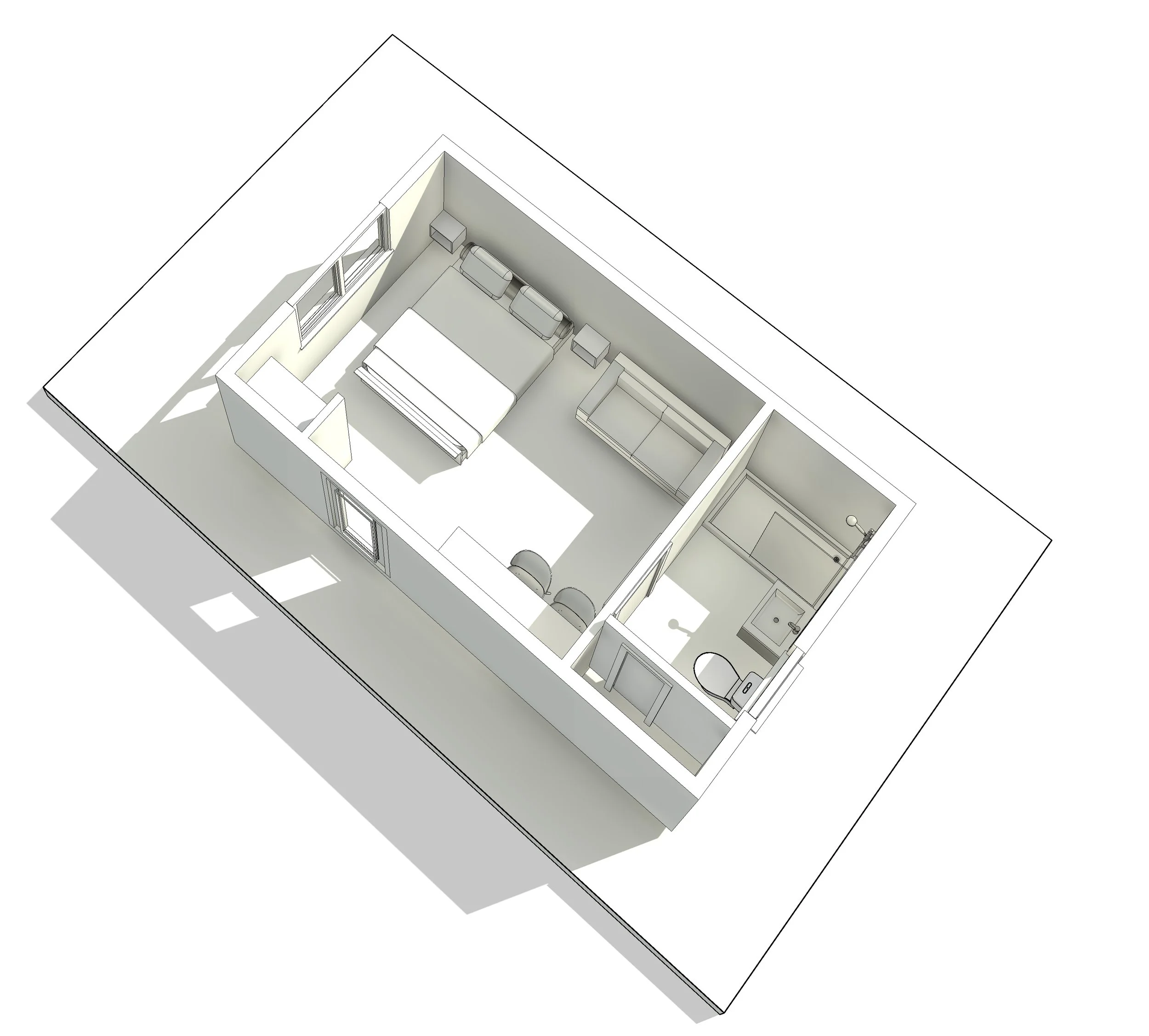 A 3D floor plan of a small apartment with a bedroom, a living area, a bathroom, and a small kitchen.
