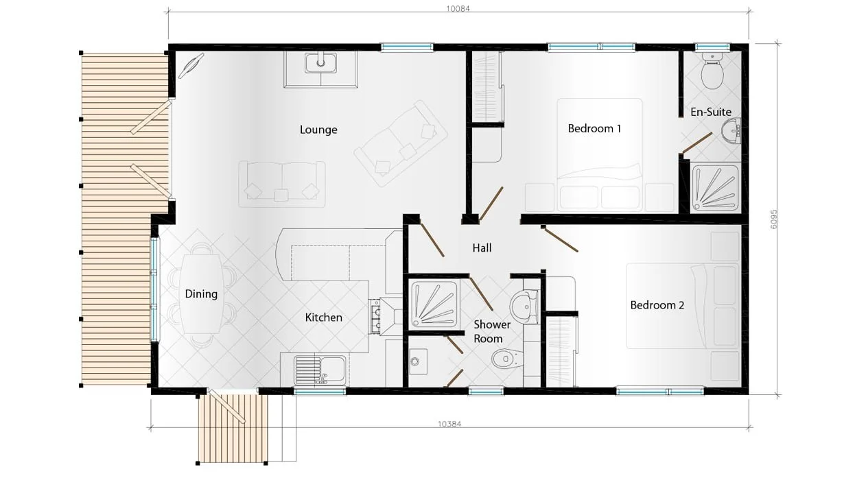 Floor plan of a house with labeled rooms including lounge, dining room, kitchen, hall, shower room, bedroom 1 with en-suite, and bedroom 2, with exterior decks on two sides.