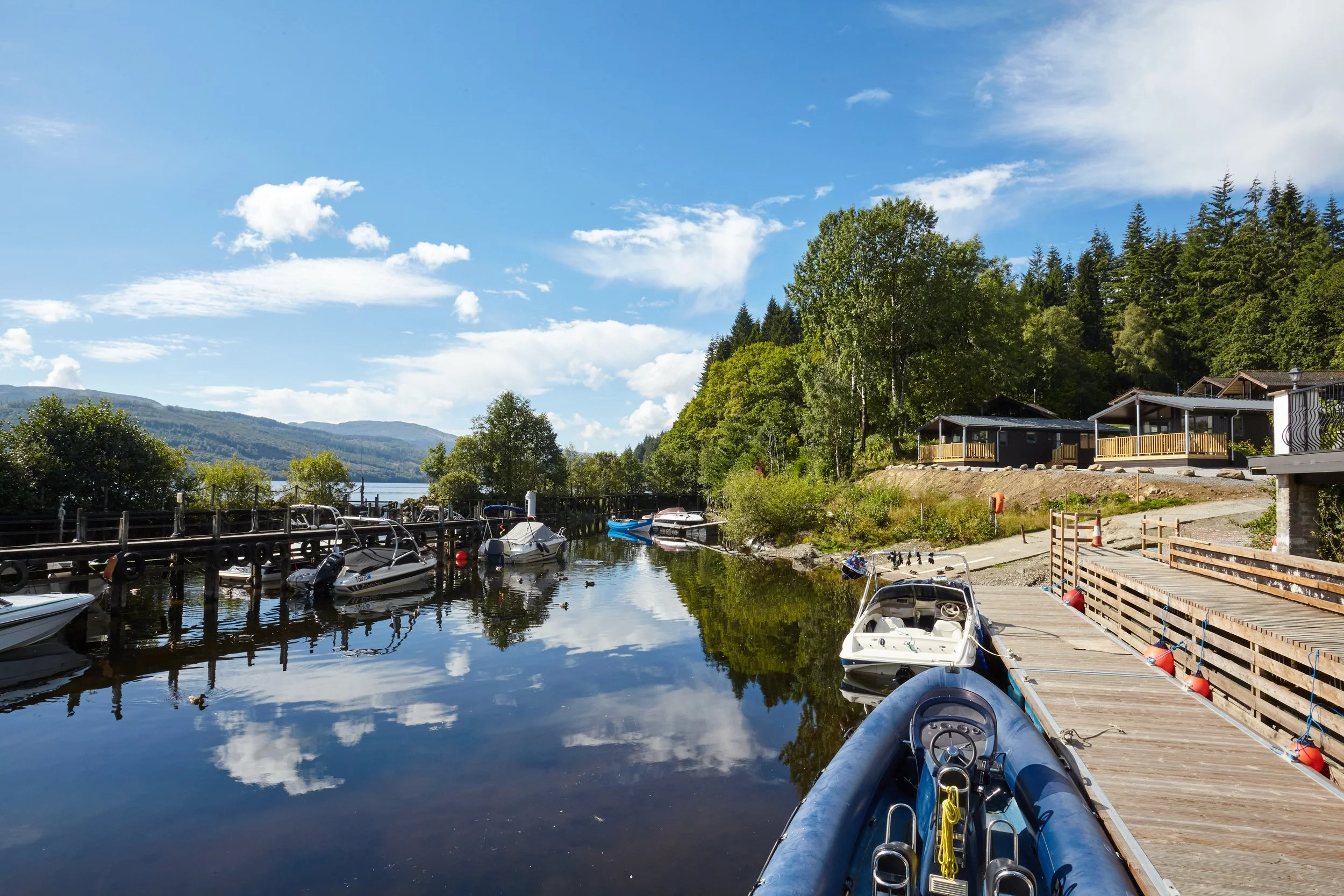 A peaceful marina with boats docked along a wooden pier, reflecting a clear blue sky with white clouds, surrounded by green trees and hillside homes.