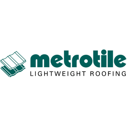 Logo for Metrotile Lightweight Roofing featuring a stylized roof icon and text.
