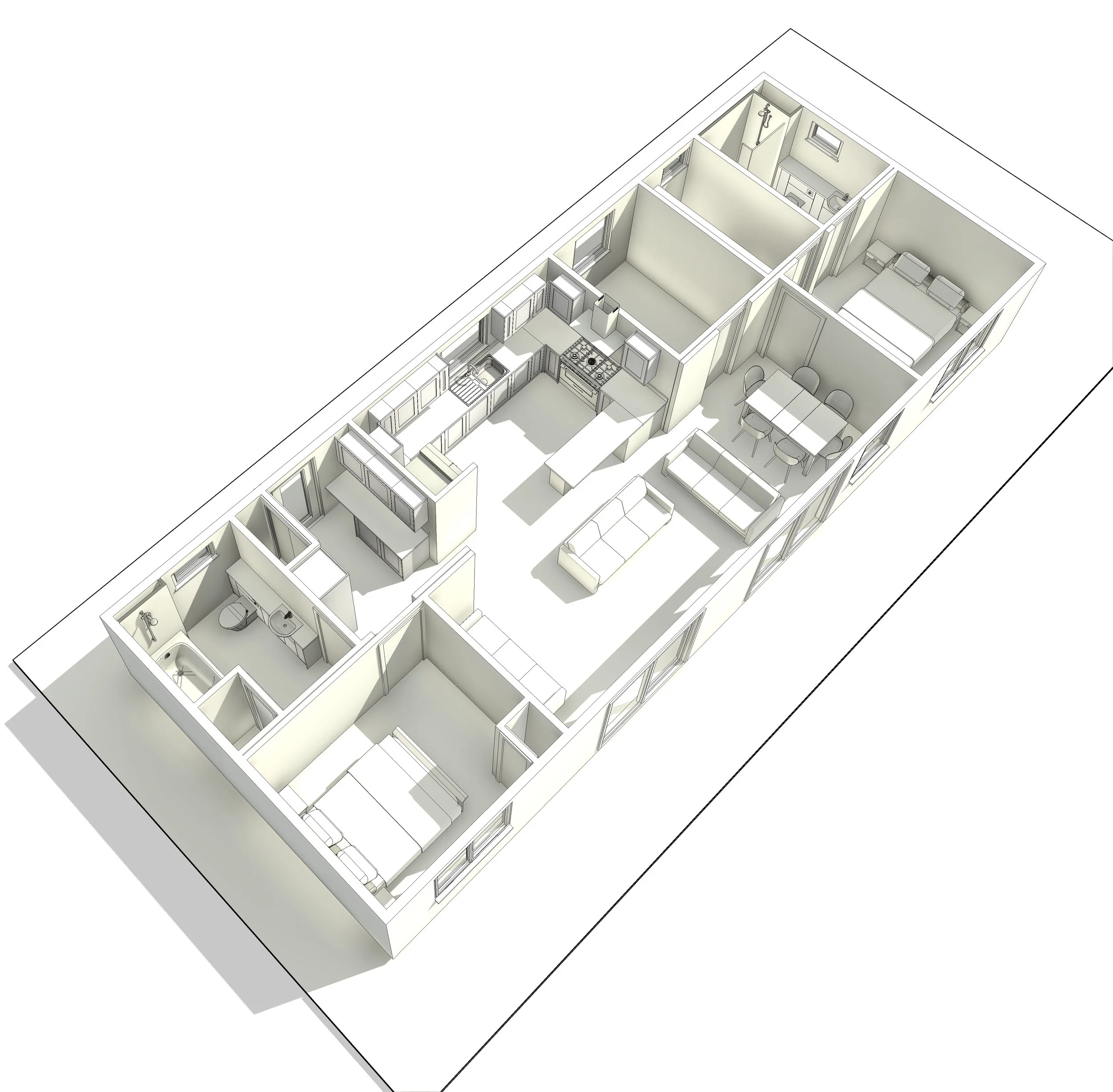 3D floor plan of a single-story house with living room, kitchen, dining area, bedroom, bathroom, and laundry room.