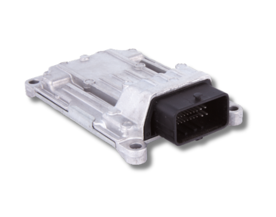 A silver automotive engine control module with a black connector on a black background.