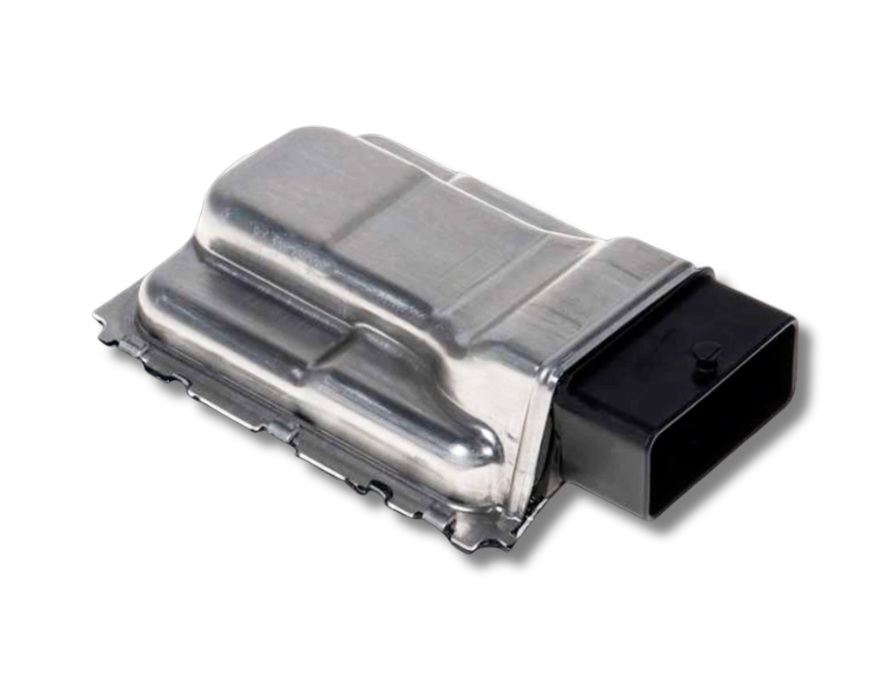 Automotive electronic control module with metal casing and black connector.