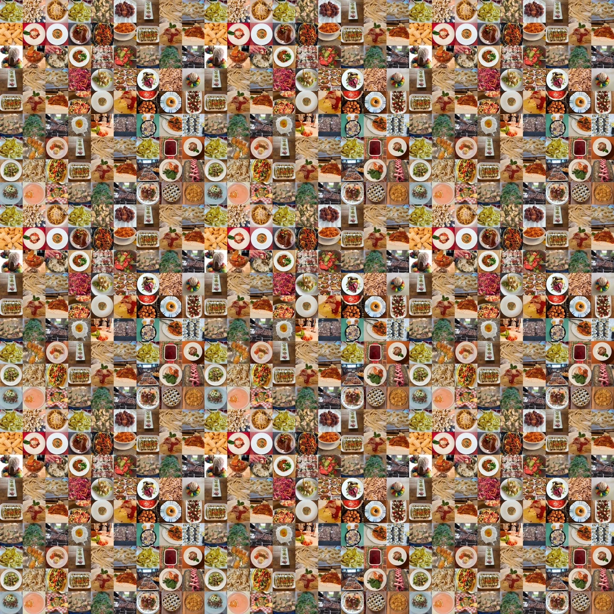 A collage of various dishes including noodles, salads, desserts, and beverages.