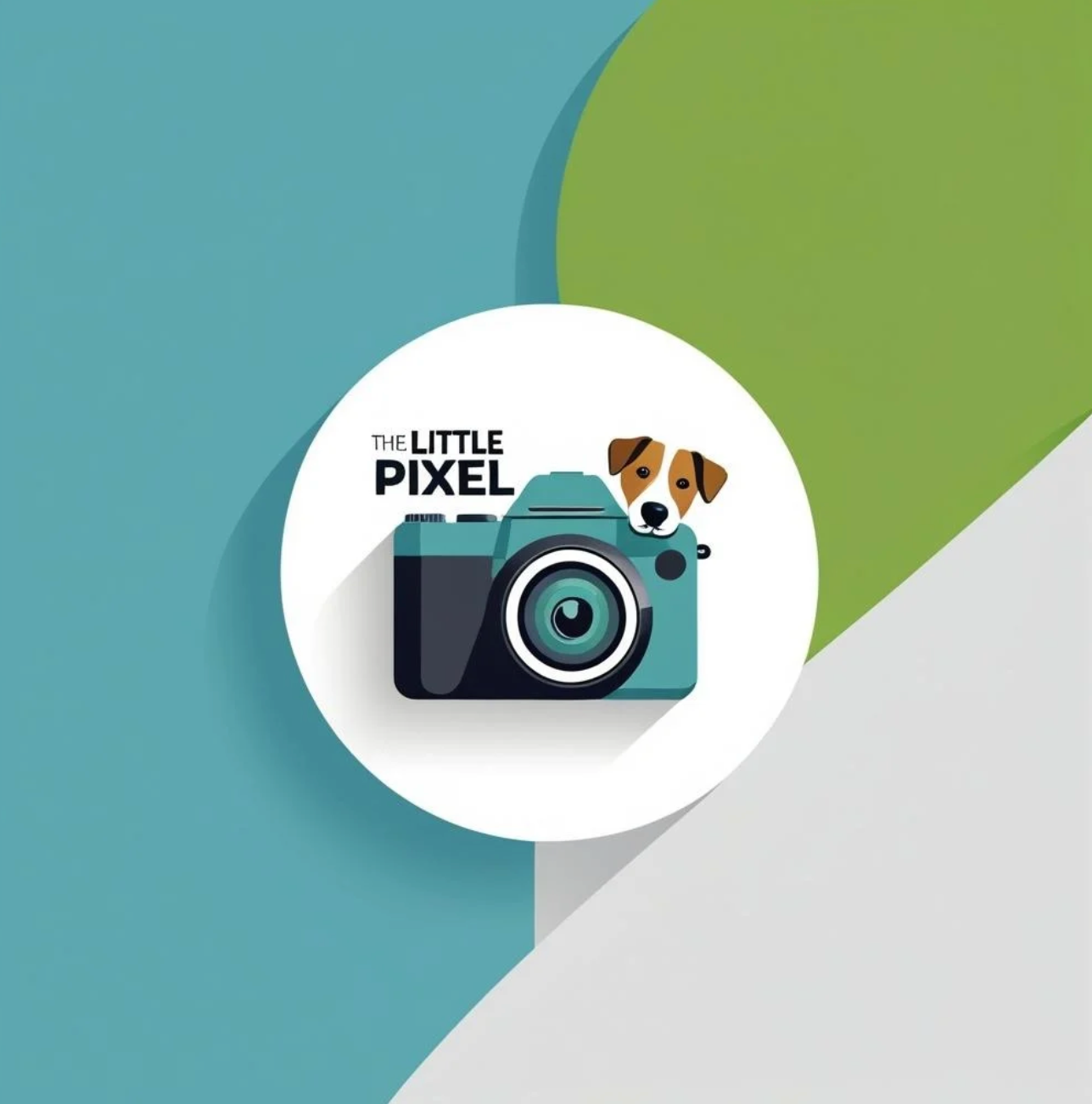 Logo for 'The Little Pixel' featuring a camera with a dog’s face peeking out from behind it, set against a background of green, white, and blue shapes.