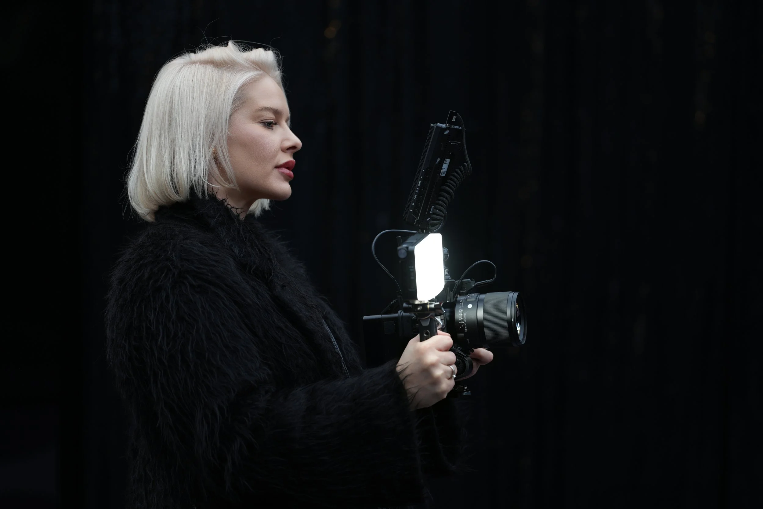Kateryna on set at Vicenza Oro 2026 — camera and LED light, New Moon Agency