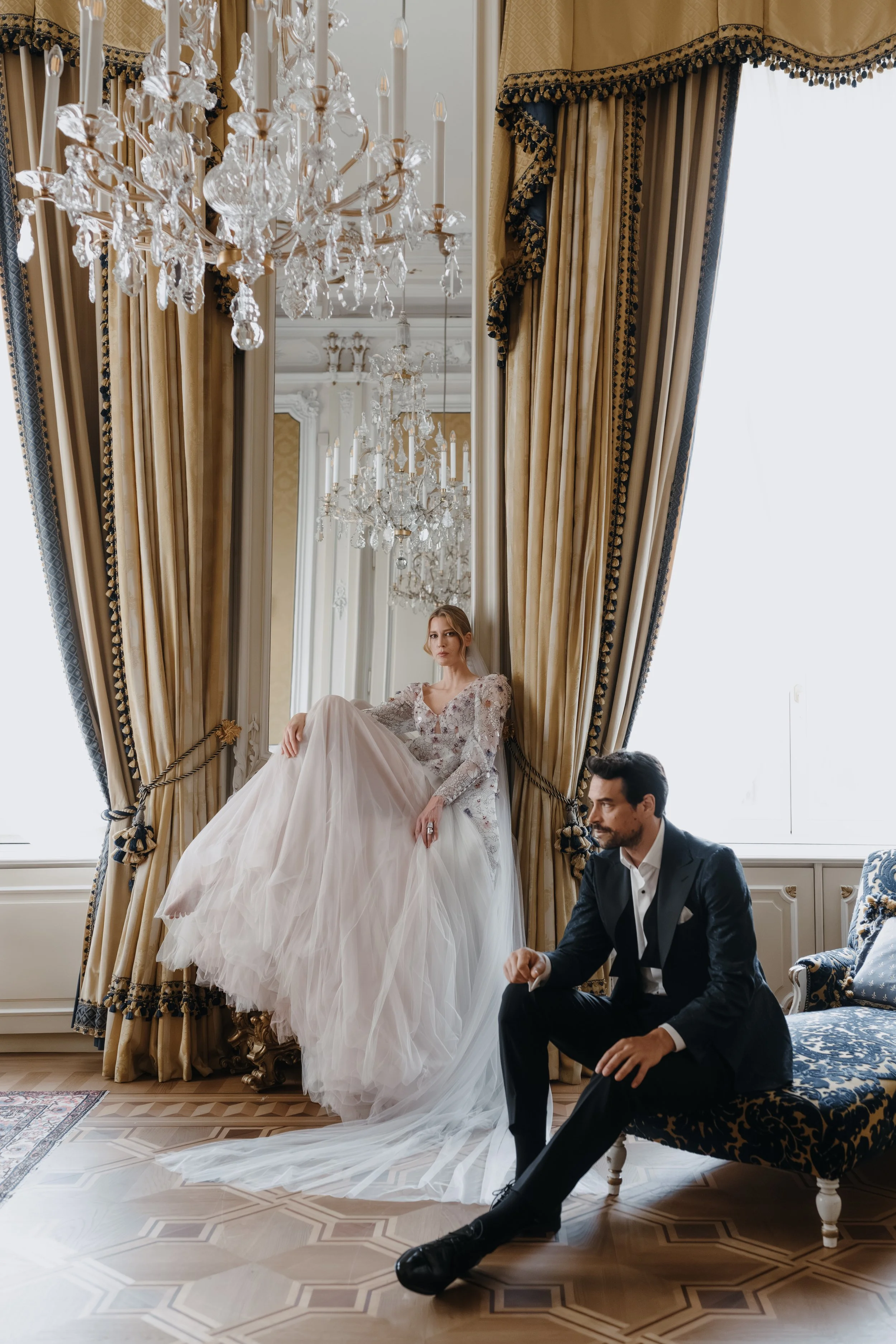 wedding couple waiting in a luxury hotel room