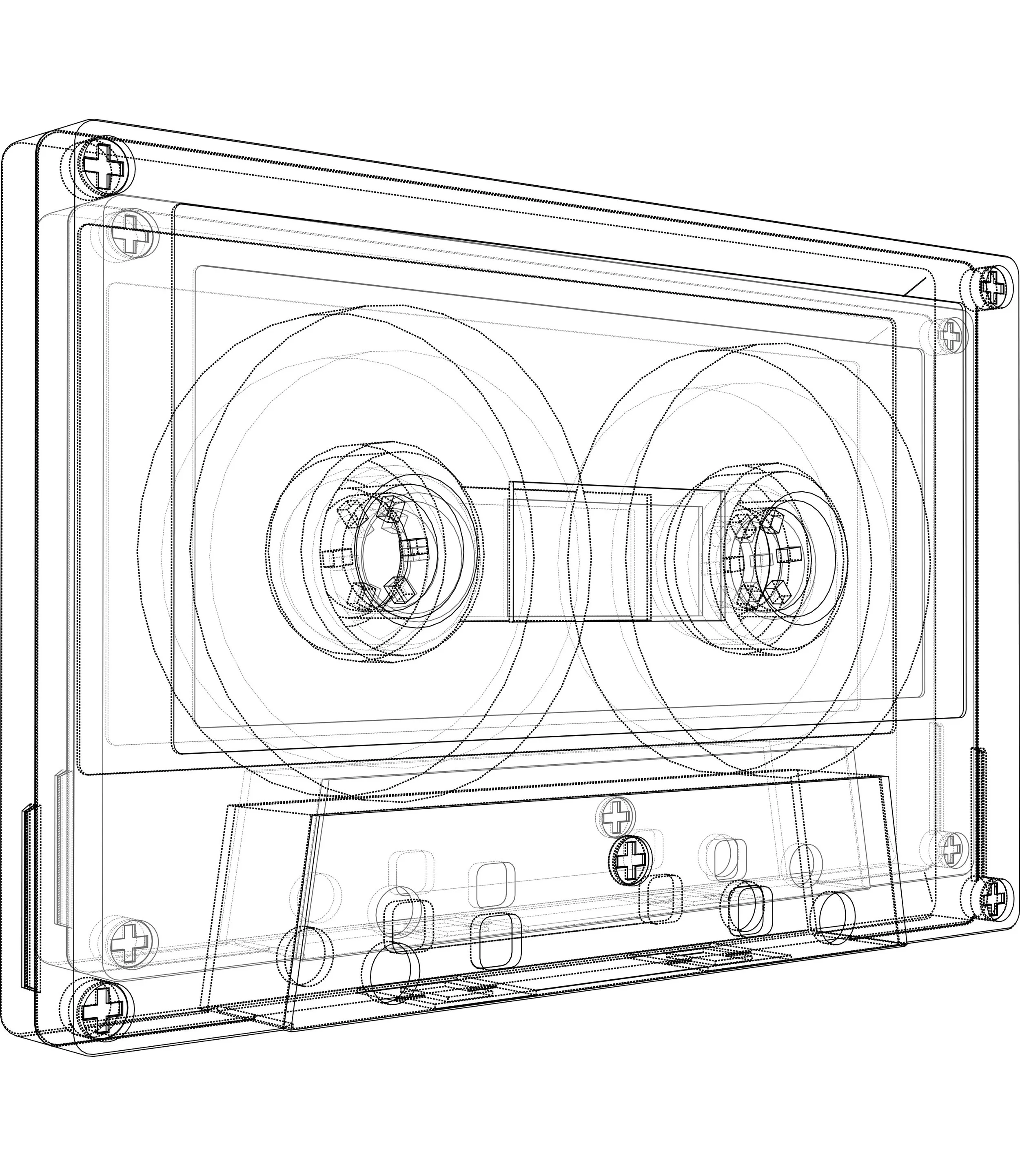 Line drawing of a cassette tape in a transparent style showing internal components