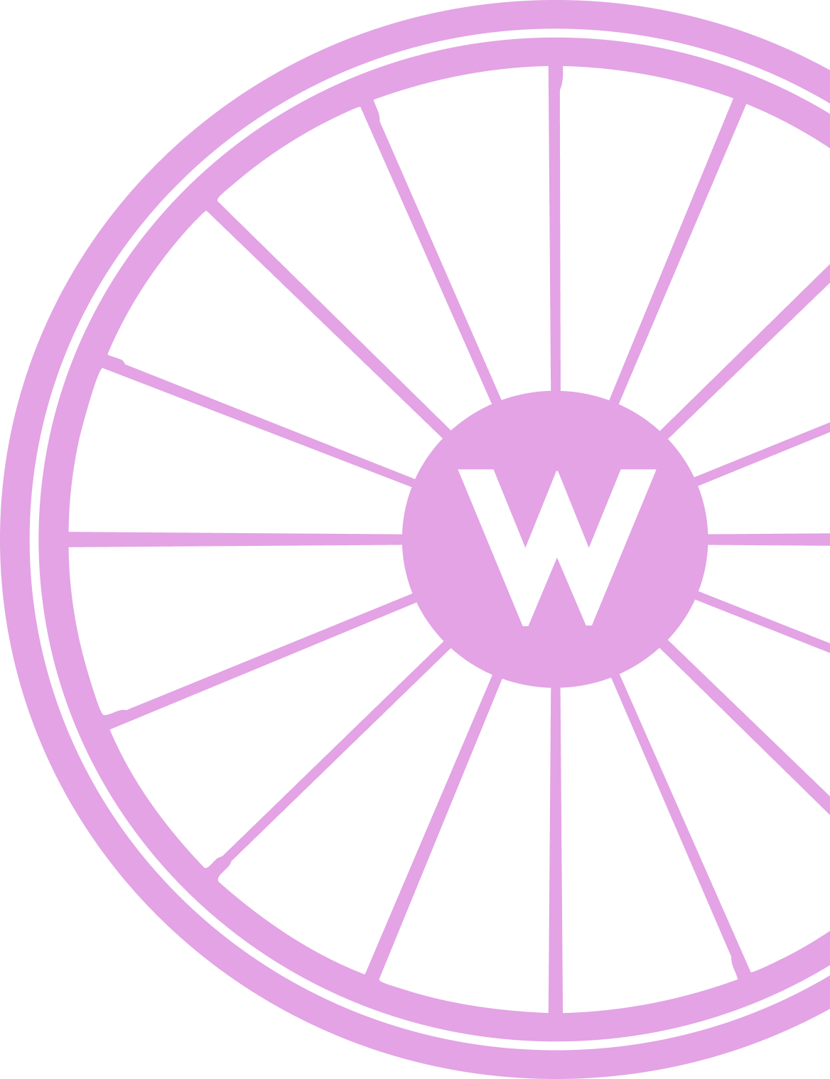 A purple and black logo of a bicycle wheel with a 'W' in the center.