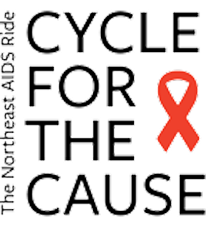 Text stating 'Cycle for the Cause' with a red ribbon symbol.