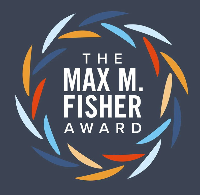 Logo for the Max M. Fisher Award featuring a circular design with multicolored curved shapes surrounding the text.
